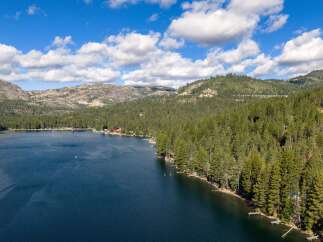 Experience serene lakeside living with this stunning aerial view of a property nestled amongst lush pine forests.