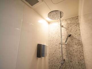 Experience modern comfort in this bathroom featuring a sleek shower with both a rainfall showerhead and a handheld wand for a customizable experience.