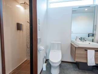 Experience modern comfort in this well-appointed bathroom, featuring a sleek toilet and a spacious vanity with ample storage.