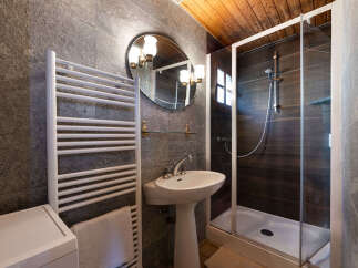 This charming bathroom features a modern pedestal sink and a sleek glass-enclosed shower with dark wood-paneled walls.