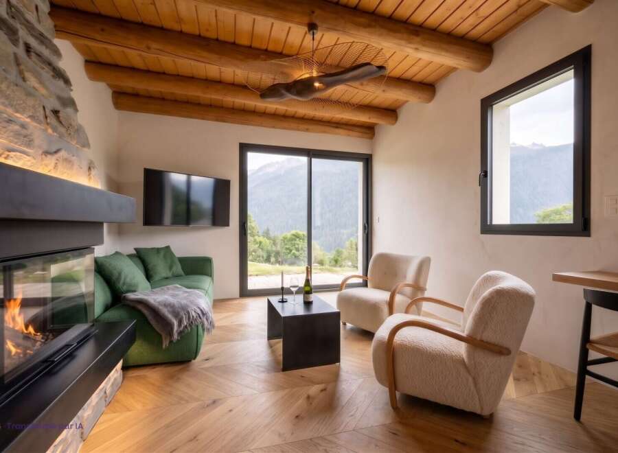 Experience ultimate relaxation in this cozy living room, featuring a modern fireplace and plush green sofa.