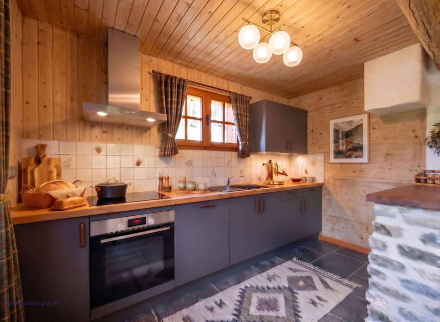 Experience rustic charm in this beautifully appointed kitchen, featuring warm wooden paneling and a modern grey cabinetry.