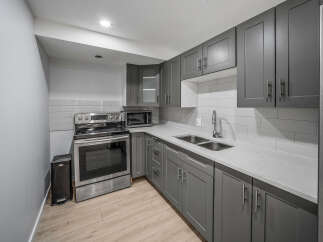 Discover this modern kitchen featuring sleek grey cabinetry and durable quartz countertops.