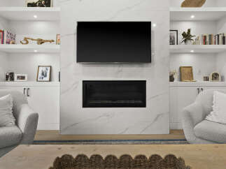 Experience modern living with this stunning fireplace and entertainment center, featuring sleek marble tile and integrated shelving.