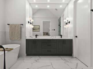 This modern bathroom features a freestanding bathtub and a spacious double vanity with sleek dark cabinetry and marble countertops.