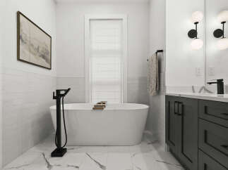 Experience modern luxury in this stunning bathroom featuring a freestanding soaking tub with a sleek black faucet and a convenient wooden tray.