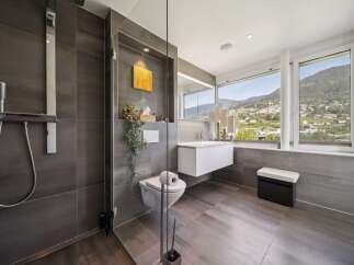 Experience modern luxury in this stunning bathroom featuring a sleek walk-in shower with a rainfall showerhead and elegant dark tilework.
