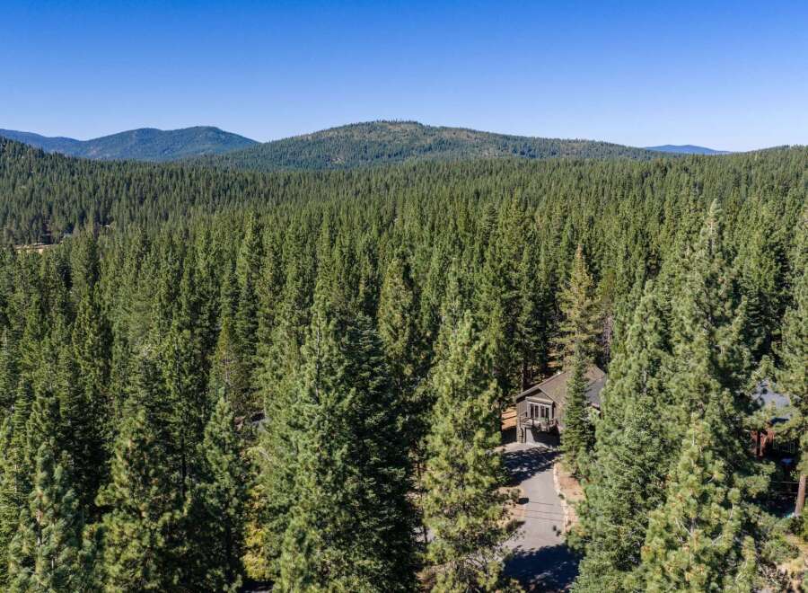 Nestled amidst a dense forest of towering pine trees, this property offers a secluded and serene mountain retreat.