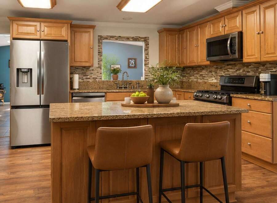 This spacious kitchen boasts beautiful light wood cabinetry and granite countertops, offering ample storage and workspace.