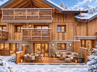 Experience luxurious mountain living in this stunning chalet, featuring a spacious outdoor deck perfect for enjoying the winter wonderland.