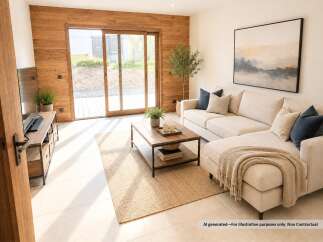 Experience modern living in this beautifully appointed living room, featuring a warm wood-paneled accent wall and expansive sliding glass doors that flood the space with natural light.