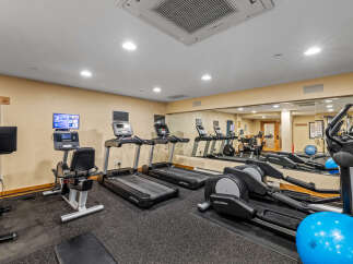Stay active and energized in this well-equipped fitness center, featuring multiple treadmills, elliptical machines, and stationary bikes.