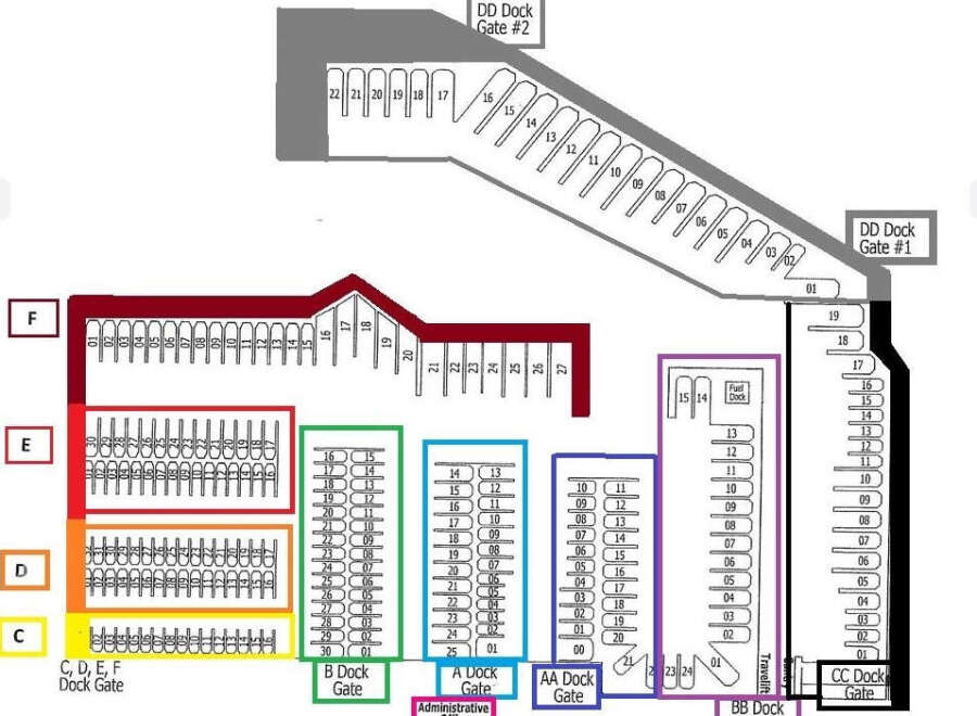 Discover this meticulously organized marina layout, featuring distinct docking areas labeled A through F, along with specialized DD, AA, BB, and CC docks.