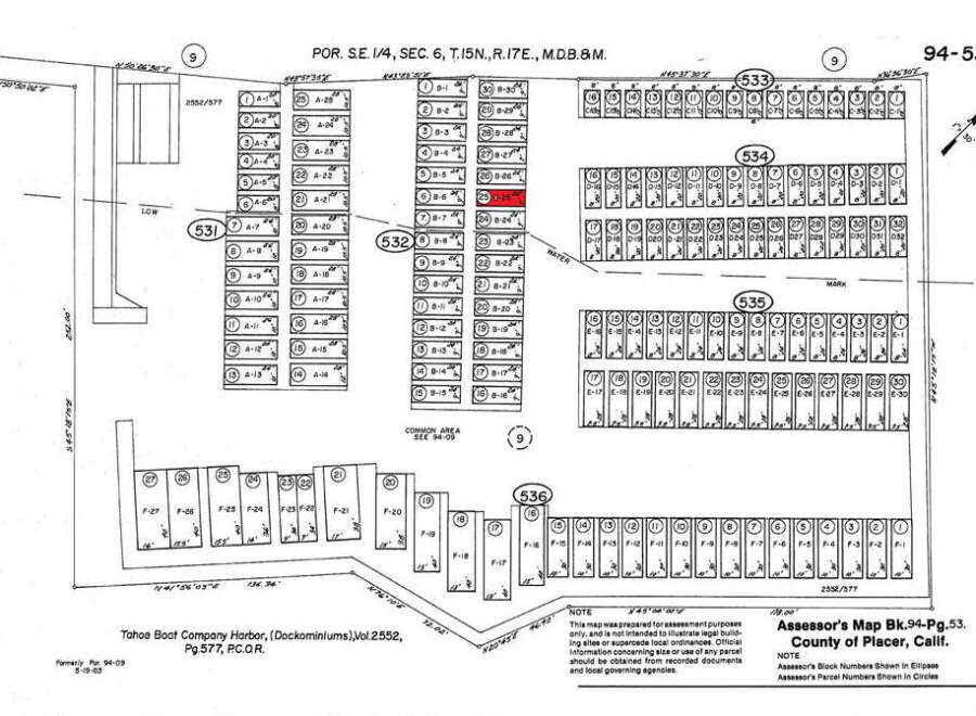 This map displays Assessor's Map Book 94, Page 53 for the County of Placer, California, detailing parcels within the SE 1/4 of Section 6, T.