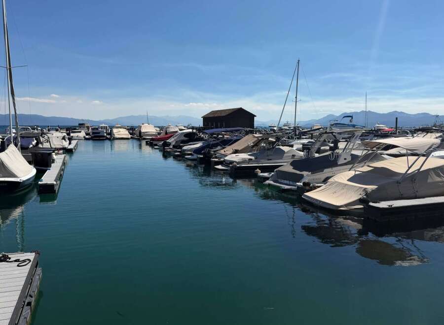 Experience waterfront living at its finest with this stunning marina view, featuring a collection of well-maintained boats docked under a clear blue sky.