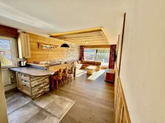 Experience cozy mountain living in this charming apartment, featuring a rustic wooden interior and a spacious open-plan living, dining, and kitchen area.