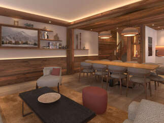Experience luxurious mountain living in this stunning chalet, featuring a spacious open-plan living and dining area perfect for entertaining.