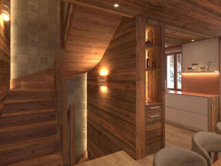 Experience rustic luxury in this stunning chalet, featuring a warm wooden interior and a charming spiral staircase.