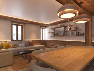 Experience luxurious mountain living in this stunning alpine retreat, featuring a spacious sectional sofa adorned with colorful throw pillows and a modern coffee table.