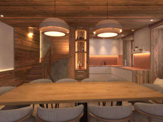 Experience rustic elegance in this mountain retreat dining area, featuring a warm wooden ceiling and walls that create a cozy ambiance.