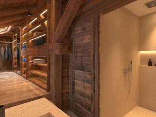 Experience rustic luxury in this stunning chalet-style walk-in closet and adjoining shower room.