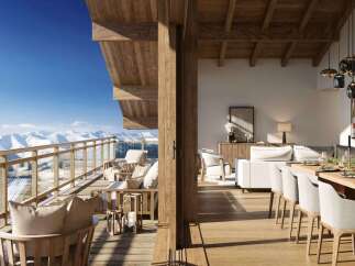 Experience luxury mountain living with this stunning property featuring a spacious balcony offering breathtaking panoramic views of snow-capped peaks.