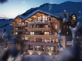 Experience luxury mountain living in this stunning alpine residence, featuring a modern wooden exterior and expansive balconies perfect for enjoying breathtaking snowy vistas.