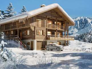 Experience the ultimate winter retreat in this stunning log cabin nestled amidst snow-capped mountains.