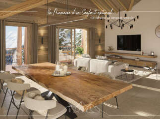 Experience ultimate comfort in this stunning mountain chalet, featuring a grand live-edge dining table perfect for gatherings.