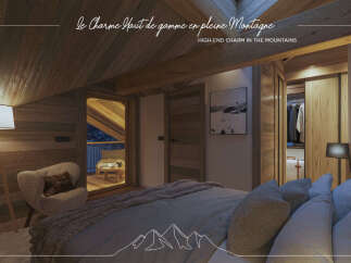 Experience the epitome of luxury mountain living in this exquisite bedroom, featuring a cozy armchair and a stunning view from the balcony.