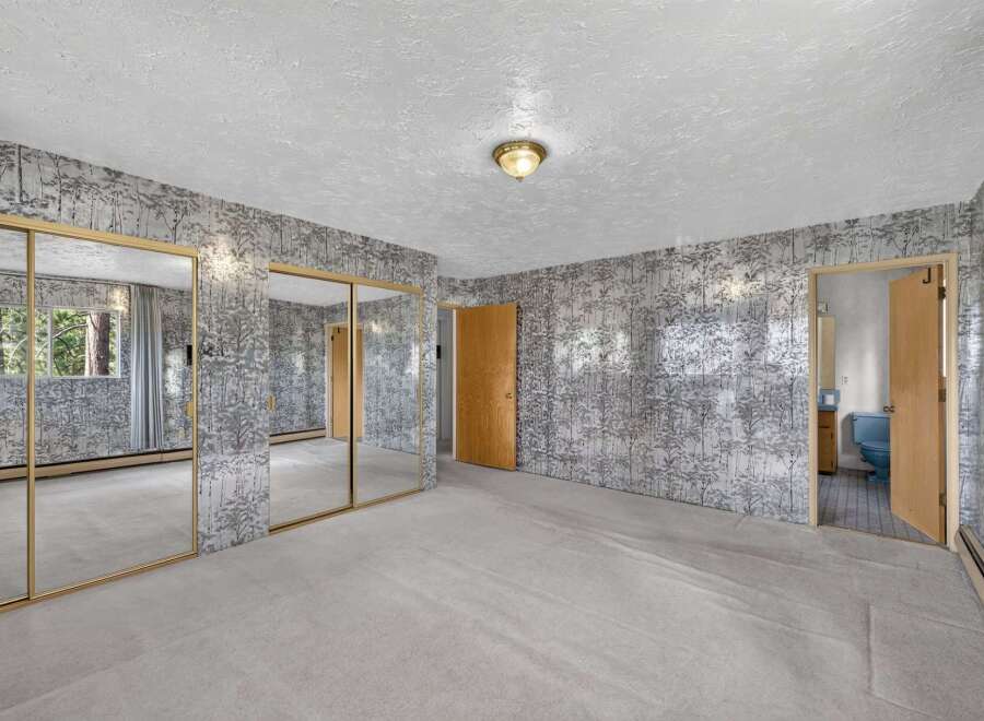 Step into this spacious bedroom featuring a unique forest-themed wallpaper and large mirrored closet doors.