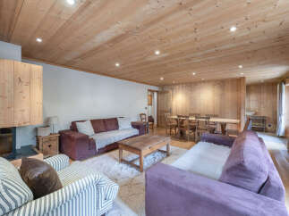Experience cozy living in this charming mountain retreat, featuring a spacious living area with a rustic fireplace and comfortable seating.