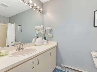 This bathroom features a spacious vanity with a double sink and ample counter space, perfect for morning routines.