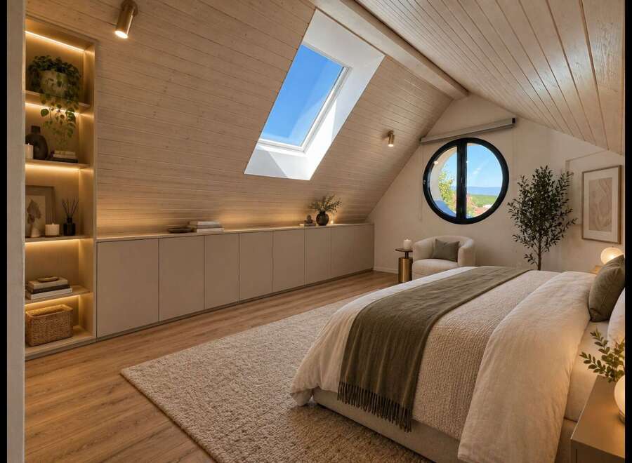 Experience modern attic living in this beautifully designed bedroom, featuring a sloped wooden ceiling and a large skylight that floods the space with natural light.