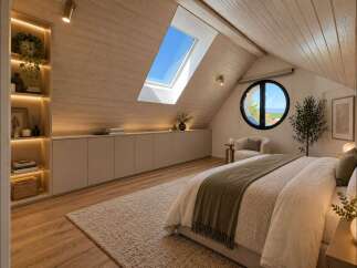Experience modern attic living in this beautifully designed bedroom, featuring a sloped wooden ceiling and a large skylight that floods the space with natural light.