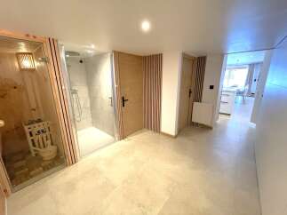 Experience ultimate relaxation in this modern spa area, featuring a private sauna and a spacious walk-in shower.