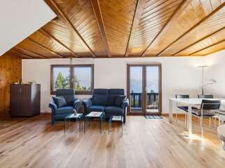 Experience breathtaking mountain views from this charming living and dining area, featuring a cozy seating arrangement with two plush armchairs and a sofa, complemented by elegant glass coffee tables.