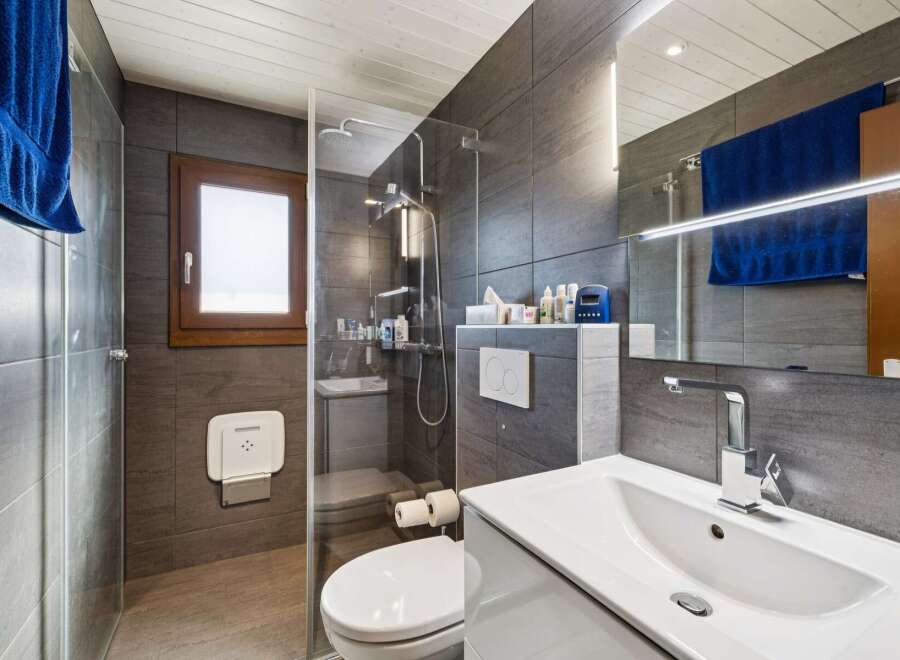 This modern bathroom features a sleek design with dark grey tiled walls and a spacious walk-in shower with a glass enclosure.