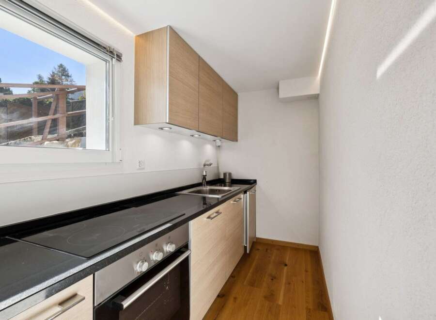Discover this modern kitchenette featuring a sleek black countertop with an integrated induction stovetop and oven.