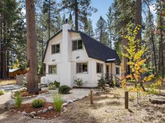Charming white A-frame home nestled among tall pine trees, offering a serene mountain retreat.