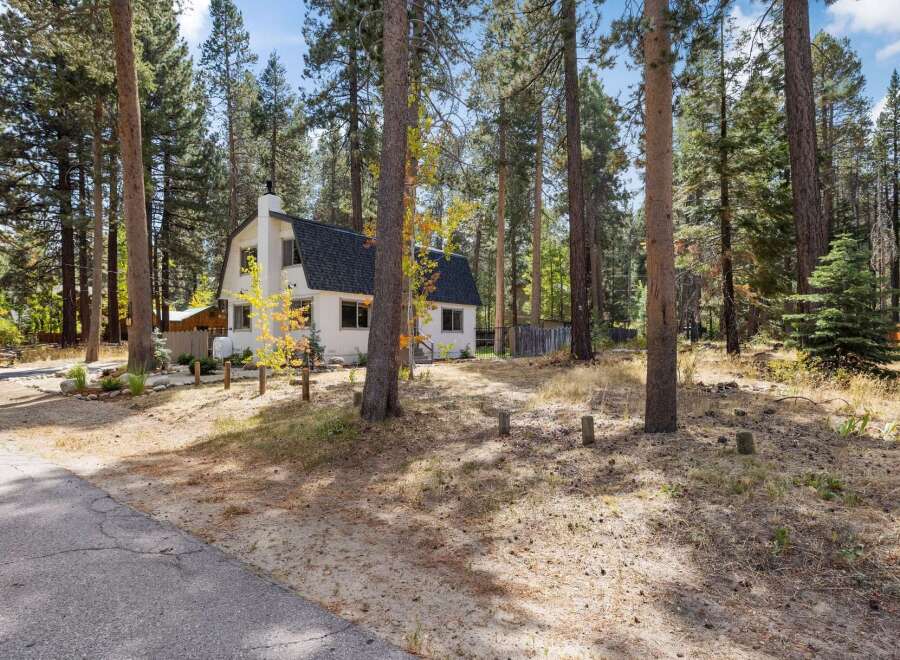 Nestled among tall pine trees, this charming white A-frame home offers a serene mountain retreat.