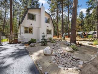 Nestled amongst tall pine trees, this charming white home offers a serene retreat.