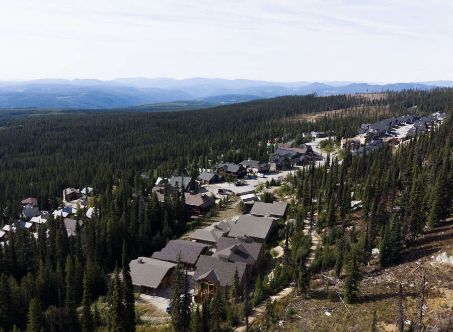 Discover this stunning mountain retreat nestled amidst a dense evergreen forest, offering breathtaking panoramic views of rolling hills and distant blue mountains.