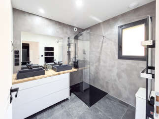 Experience modern luxury in this stunning bathroom, featuring a sleek double vanity with contemporary grey sinks and a spacious walk-in shower with a glass enclosure.