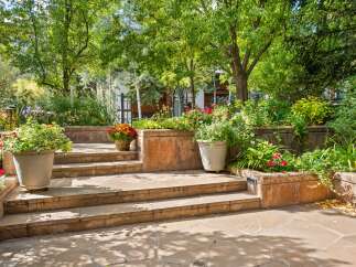 Enhance your outdoor living space with this beautifully landscaped garden featuring tiered stone steps and vibrant floral arrangements.