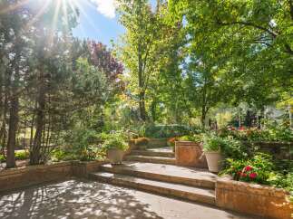 Step into a lush, sun-drenched garden oasis featuring tiered stone steps and vibrant floral arrangements.
