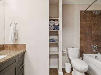 This bathroom features a granite countertop vanity with dark wood cabinets, a large mirror, and a towel ring.