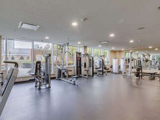 This spacious gym features a variety of modern weight machines and cardio equipment, perfect for a full-body workout.