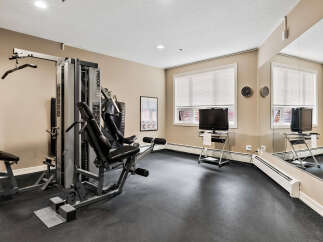 This home gym features a Precor multi-station weight machine, a punching bag, and a TV for entertainment during workouts.
