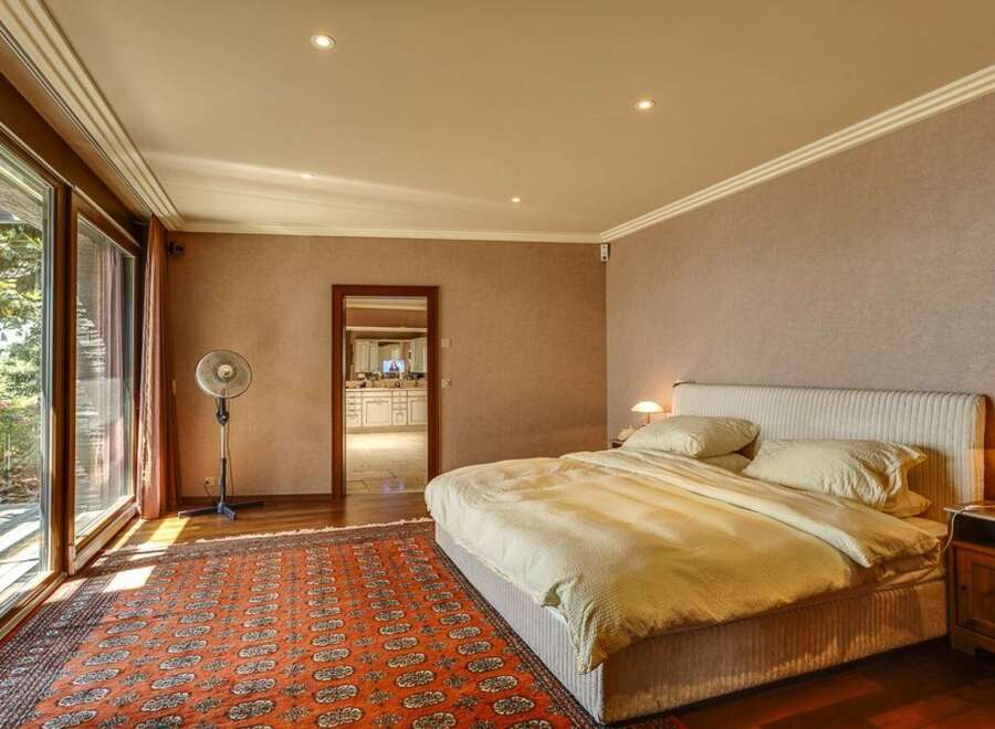 Experience luxurious living in this spacious bedroom featuring a king-sized bed with plush bedding and a striking accent rug.
